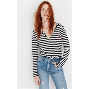 Madewell Embroidered "Mwah" Split Neck Tee Whisper Cotton in Estelle Stripe